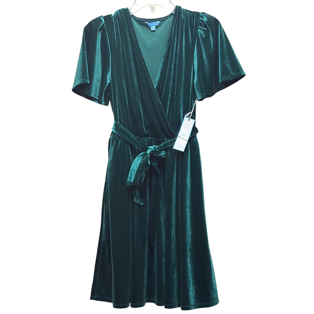 Draper James Emerald Green Velvet Wrap Dress Short Flutter Sleeve XS NWT